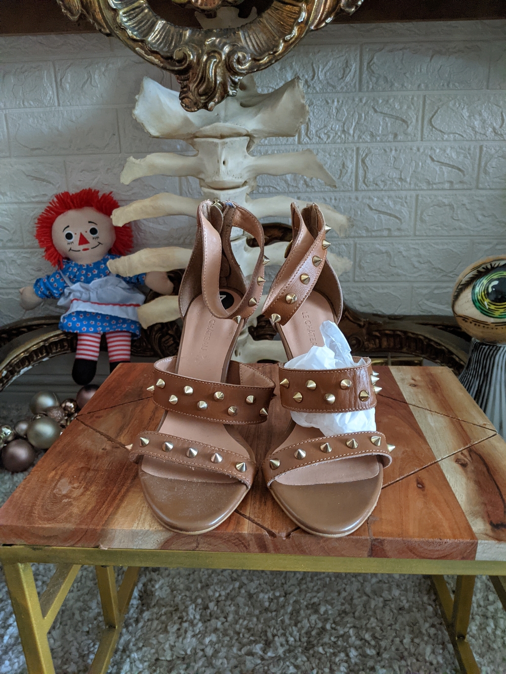 le chateau Studded Tan Block Heel Sandals